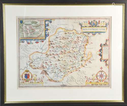 An 18th century hand coloured map of Montgomeryshire, described by Christopher Saxon, and
