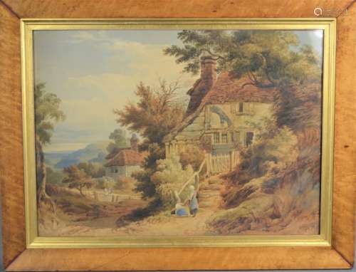 A 19th century watercolour depicting cottages in a landscape with figures to the fore, unsigned,