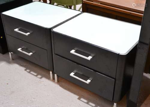 A pair of Dwell bedside tables with two drawers and frosted glass top 44cm by 55cm by 42cm