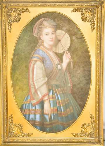 A reproduction oil on canvas, portrait of lady with a fan.