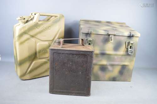 A WWII dated fuel can together with a military water can and a German metal toolbox for a Sd.Kfz.