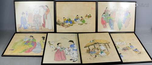 A group of seven Korean figural prints, each bearing red seal mark and measuring 30 by 38cm.