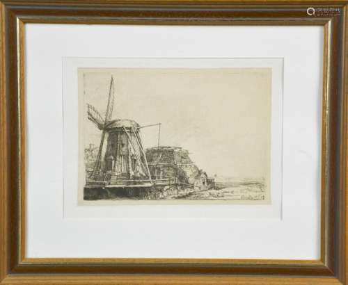 A late 19th / early 20th century copper engraving, windmill in landscape, Rembrandt 1641, 16 by