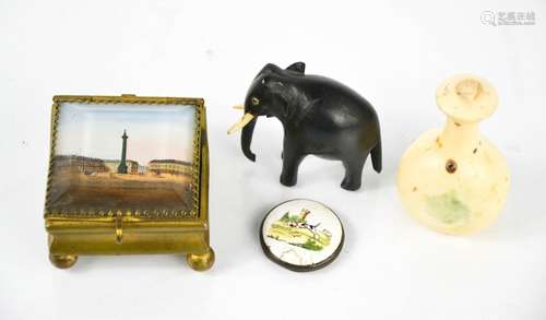 A Victorian brass and glass trinket box, a porcelain pill box lid, a carved elephant and bone