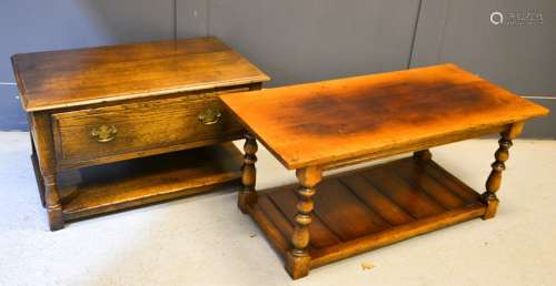 A reproduction 17th century style oak side table with single drawer together with a similar oak