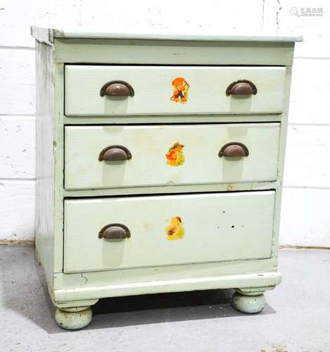 A small pine painted chest of drawers, Victorian, with three drawers, raised on bun feet, 80 by 68