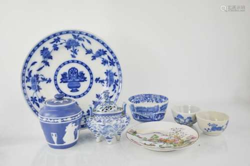 A group of blue and white china to include Jasperware tobacco jar and lid and Chinese blue and white