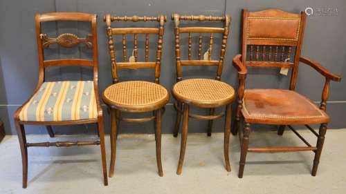 A pair of 19th century oak chairs with caned seats, together with a Victorian chair with upholstered
