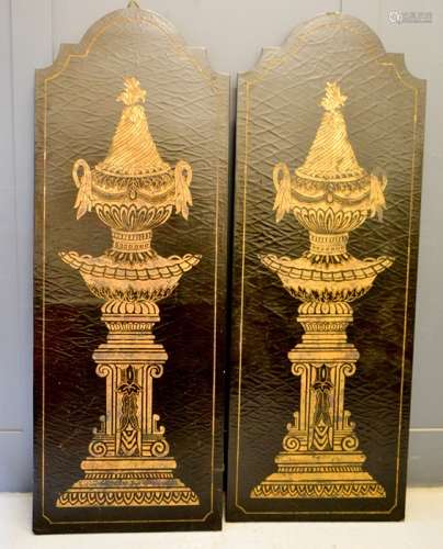 A pair of decorative painted panels depicting gold urns on a black crackle glazed ground, 165cm by
