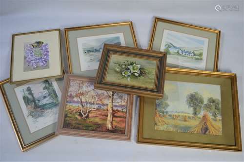 A group of paintings, landscapes and floral