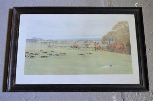 Cecil Aldin, reproduction print depicting hunt, 37 by 67cm.