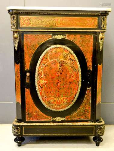 A 19th century French boulle work side cabinet with single door, gilt fittings and a marble top, 110