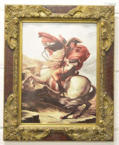 A framed porcelain plaque of Napoleon on horseback