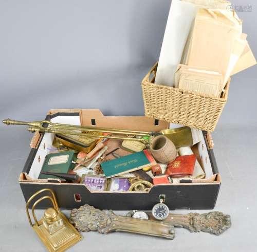 A group of collectables, to include pocket watches, horse brasses, brass ink and letter stand,