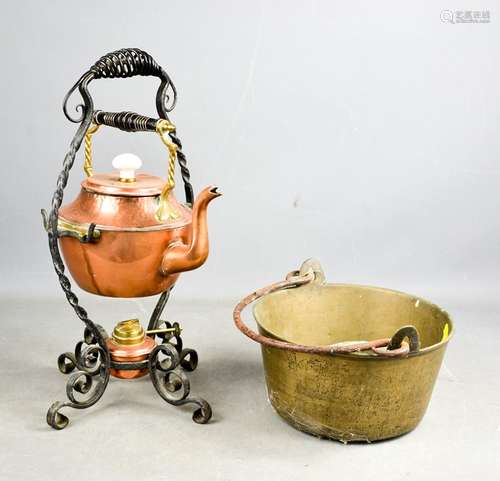 A copper kettle and burner on iron stand, a jam pan and a group of weights.