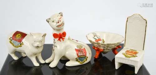 Four examples of Crest-ware, to include Carlton Morecambe Cheshire Cat, Swan China cat, Archadian