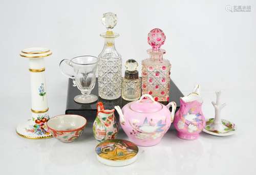 A group of ceramics and glass, to include Prattware pot lid, a ceramic candlestick painted with