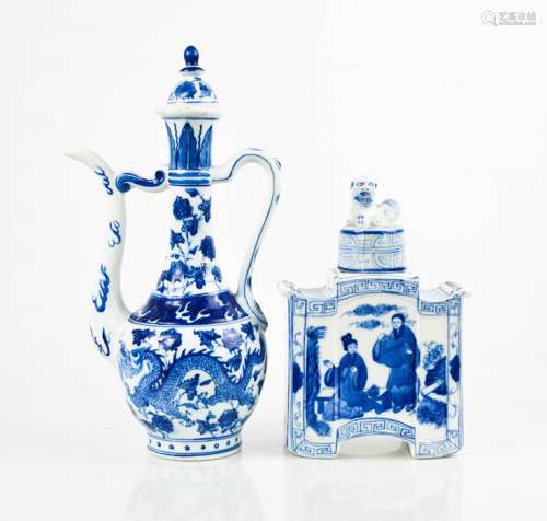 A Chinese blue and white ewer, and jar and cover depicting figures and having a dog of fo finial.