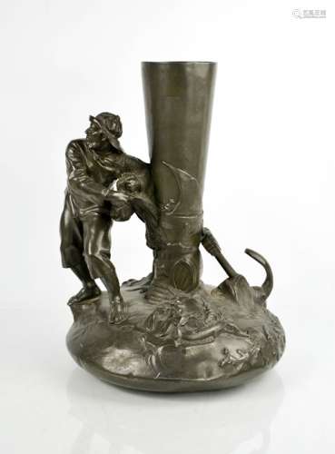 A Chinese pewter vase modelled in the form of fisherman, 37cm high.