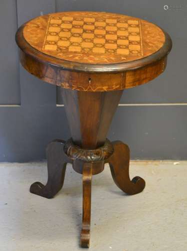 A 19th century mahogany work box / sewing box, with chess board inlaid top, 61cm high, 46cm