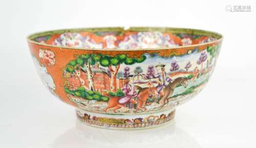 A late 18th / early 19th century Chinese bowl, the enamelled vistas depicting hunting scenes with