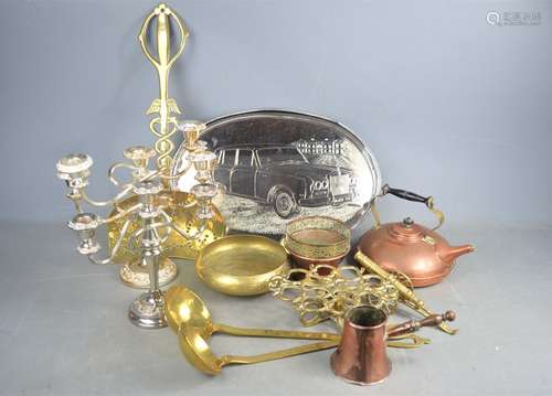 A quantity of silverplate, copper and brass ware to include candelabra, brass cannon and copper