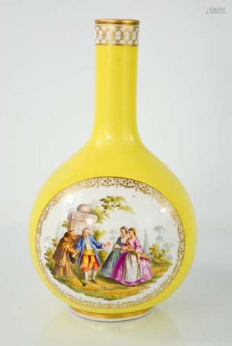 A 19th century porcelain bottle vase, hand painted with figural roundel to one side, and floral