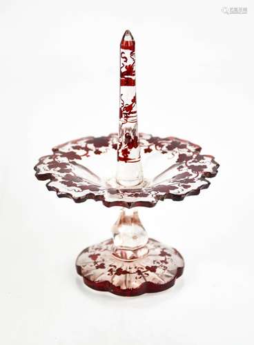 A bohemian glass ring stand, with red grape and vine design, 12cm high.