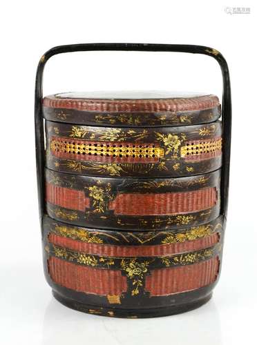 A Chinese early 20th century hand painted wedding basket, the lid depicting figure with deer, 41cm