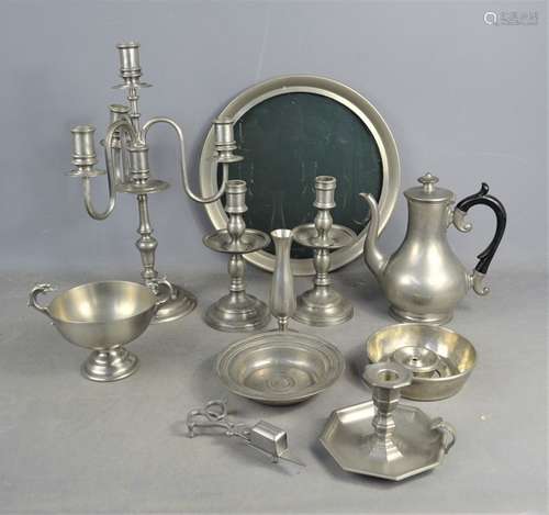 A group of French and English pewter to include James Dixon coffee pot, candelabra, candlesticks,