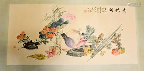 Attributed to Pan Jingshu (1892-1939) and Wu Hufan (1894-1968): offerings on a desk, Chinese ink and