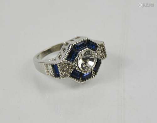 A blue hexagonal form dress ring, size L, 6.52g.