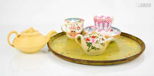 A Victorian painted wine tray, together with a Minton Japan pattern cup and three saucers, and two