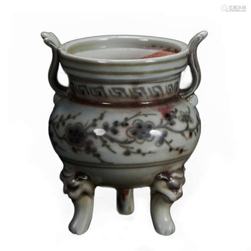 CHINESE BLUE AND WHITE UNDERGLAZE RED INCENSE BURNER, YUAN DYNASTY