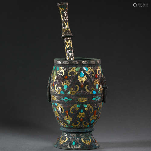 CHINESE JAR FOR CRUSH HERBS INLAID WITH GOLD, SILVER, TURQUOISES, WARRING STATES PERIOD