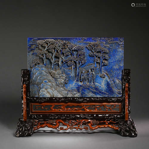 CHINESE LAPIS LAZULI BOXWOOD ROSEWOOD TABLE SCREEN, QING DYNASTY