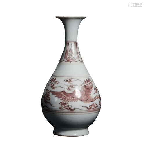 CHINESE BLUE AND WHITE UNDERGLAZE RED PHOENIX PATTERN VASE, YUAN DYNASTY