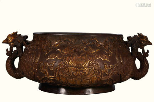 CHINESE GILT BRONZE DOUBLE PHOENIX HANDLES INCENSE BURNER, MING DYNASTY