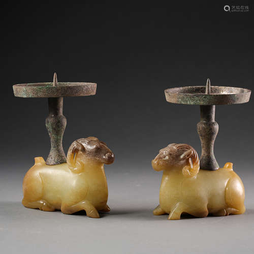 A PAIR OF HETIAN JADE SHEEP LAMPSTAND, WARRING STATES PERIOD, CHINA