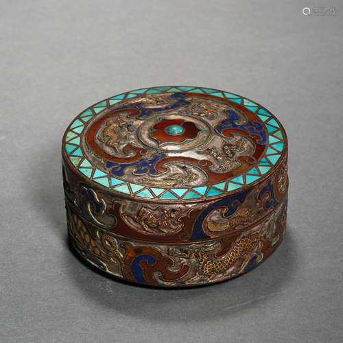 CHINESE GOLD AND SILVER INLAID TURQUOISE POWDER BOX