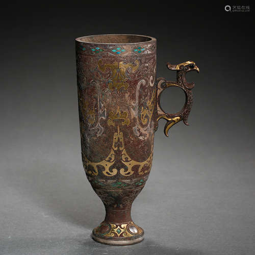 CHINESE CUP INLAID WITH GOLD, SILVER, TURQUOISES, WARRING STATES PERIOD