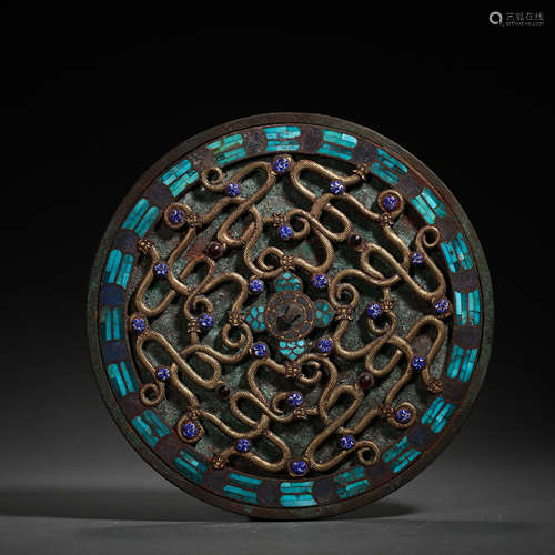 CHINESE BRONZE MIRROW INLAID WITH GOLD, SILVER, TURQUOISES, WARRING STATES PERIOD