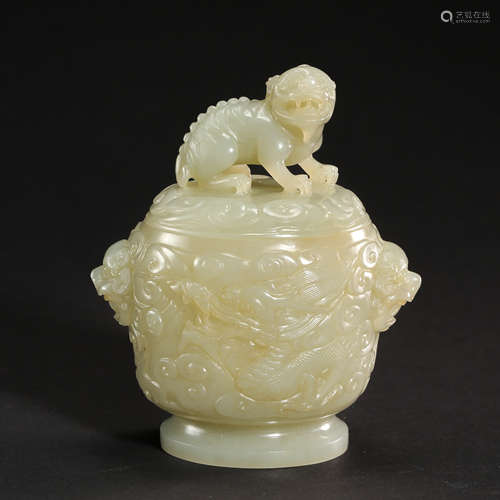 CHINESE HETIAN JADE 'ZILIAO' DRAGON PATTERN LION HANDLES JAR, MING DYNASTY