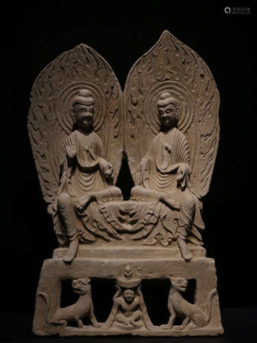 CHINESE BLUESTONE DOUBLE BUDDHA STATUES, NORTHERN WEI DYNASTY