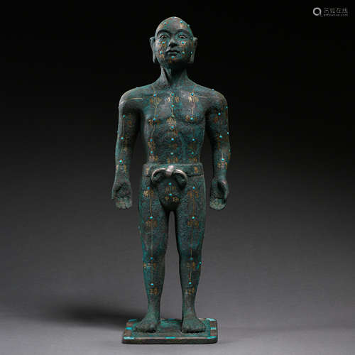 BRONZE FIGURE INLAID WITH GOLD, SILVER, TURQUOISES, WARRING STATES PERIOD, CHINA