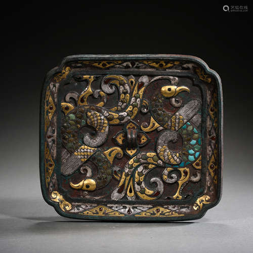 CHINESE BRONZE MIRROW INLAID WITH GOLD AND SILVER