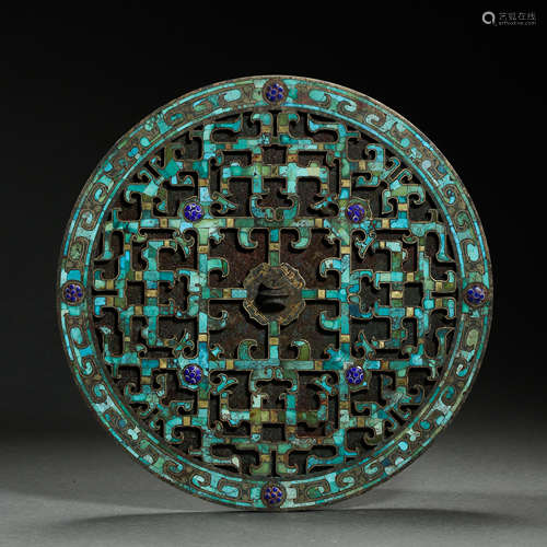 CHINESE BRONZE MIRROW INLAID WITH GOLD, SILVER AND TURQUOISES, WARRING STATES PERIOD