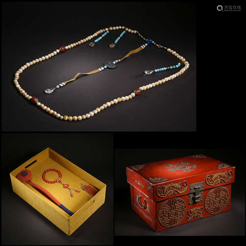 SET (4) OF CHINESE CEREMONIAL PEARL NECKLACE, RED ROSARY BEADS, CORAL RUYI, QING DYNASTY