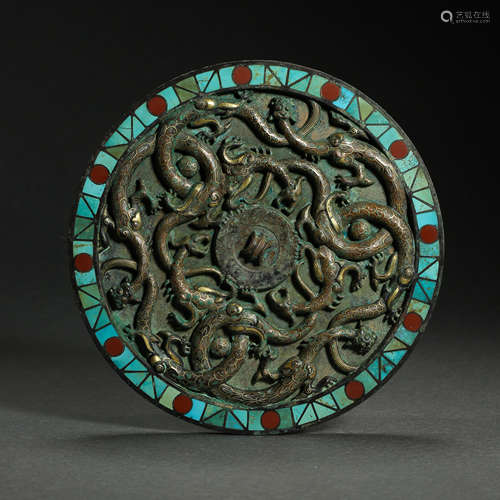 CHINESE BRONZE MIRROW INLAID WITH GOLD, SILVER AND TURQUOISES, WARRING STATES PERIOD