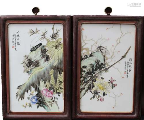 A Pair of Chinese Hardwood Framed Porcelain Painting